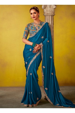 Teal blue glass tissue sequins embroidered wedding saree with blouse 2156